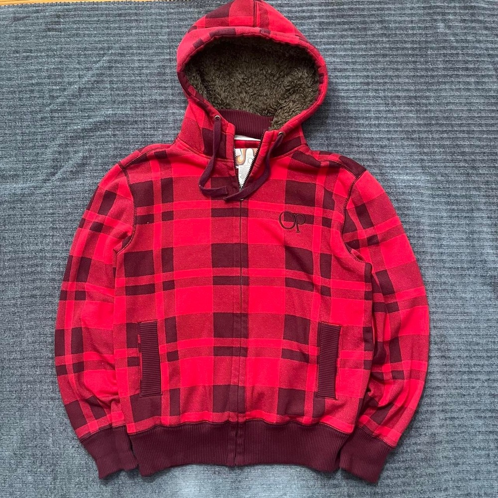 Vintage Y2K Ocean Pacific OP Jacket Plaid Hood Pattern Full ZIp Lined Hoodie M